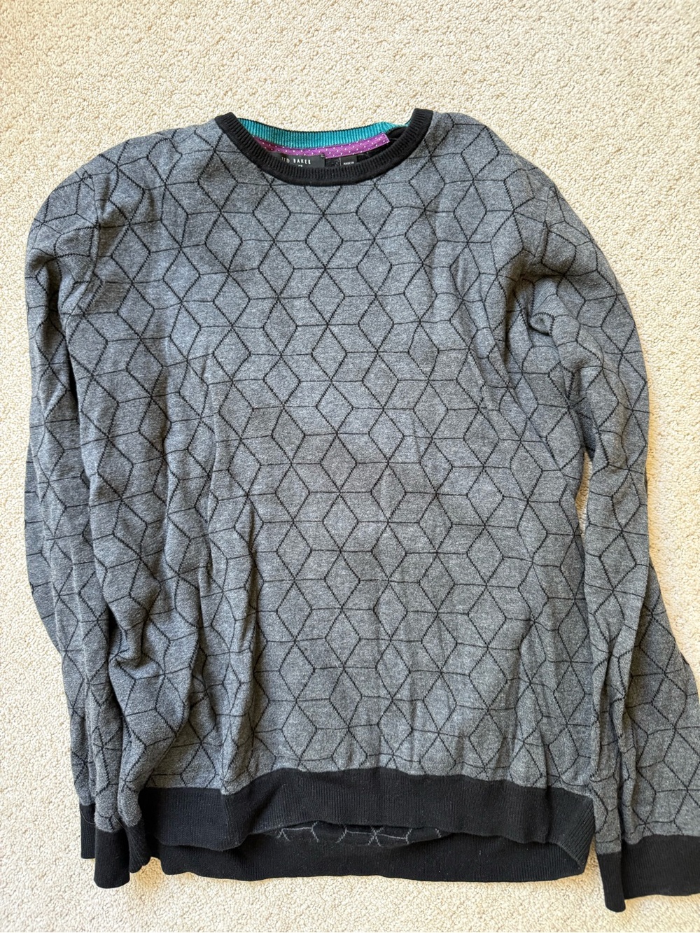Ted Baker Gray Geometric Crewneck Sweater with Black Trim